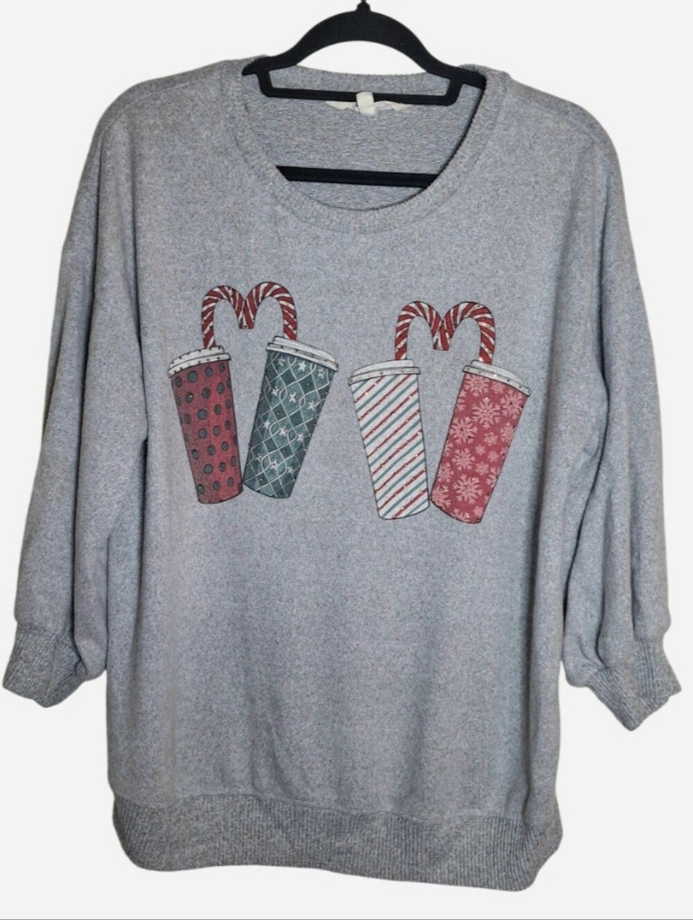 Love & Lace Holiday Sweater Gray With Coffee and Candy Canes Sz XL Rhinestones